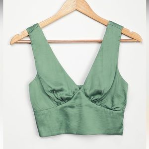 Lulu’s Beauty in Barbados Sage Green Satin Crop Top (Size S)